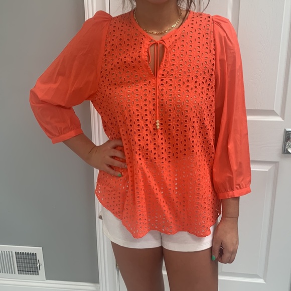 NWT Peter Som for Design Nation Eyelet Lace Cotton Orange 3/4 Sleeve Top: Size M - Picture 2 of 10